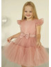 Blush Pleated Tulle V Back Flower Girl Dress